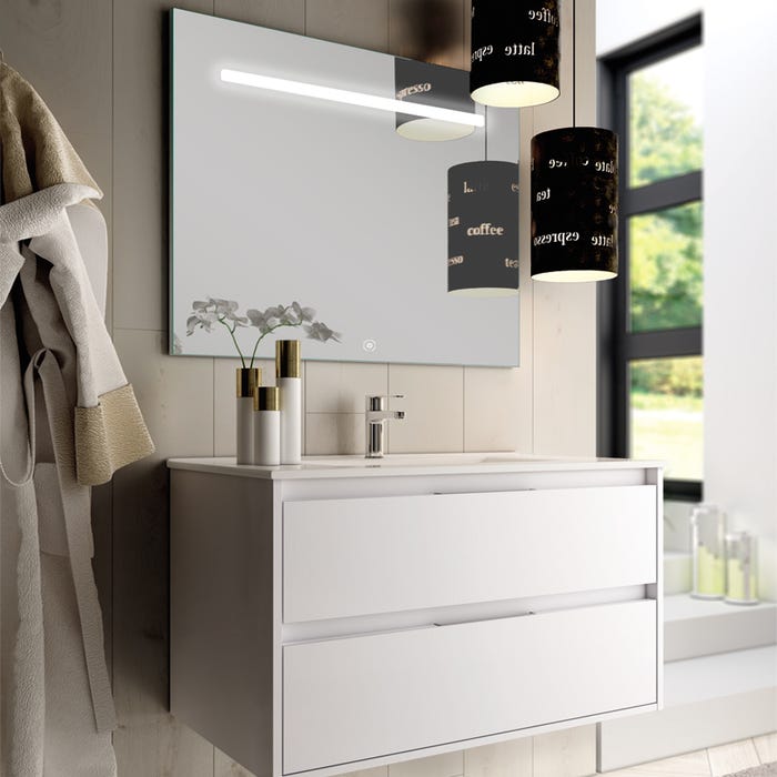 Meuble de salle de bain simple vasque - 2 tiroirs - IRIS et miroir Led STAM - blanc - 100cm