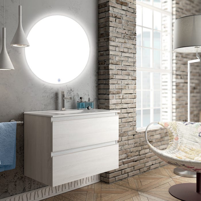 Meuble de salle de bain simple vasque - 2 tiroirs - BALEA et miroir rond Led SOLEN - hibernian (bois blanchi) - 80cm