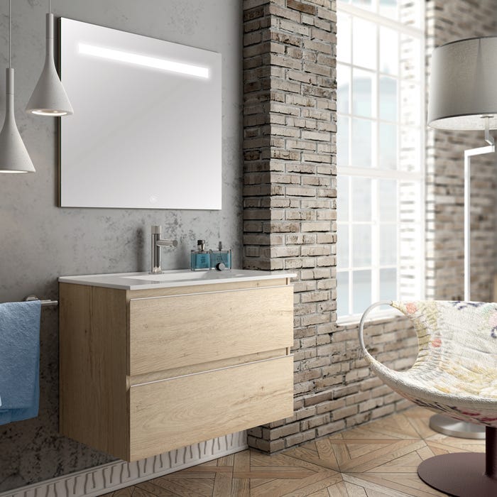 Meuble de salle de bain simple vasque - 2 tiroirs - BALEA et miroir Led STAM - bambou (chêne clair) - 60cm