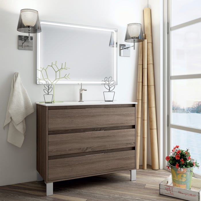 Meuble de salle de bain simple vasque - 3 tiroirs - TIRIS 3C et miroir Led STAM - britannia (chêne foncé) - 80cm