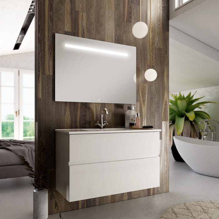 Meuble de salle de bain simple vasque - 2 tiroirs - MIG et miroir Led STAM - blanc - 60cm