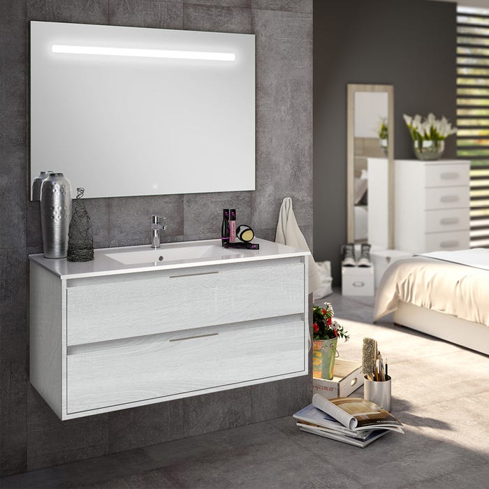 Meuble de salle de bain simple vasque - 2 tiroirs - IRIS et miroir Led STAM - hibernian (bois blanchi) - 100cm