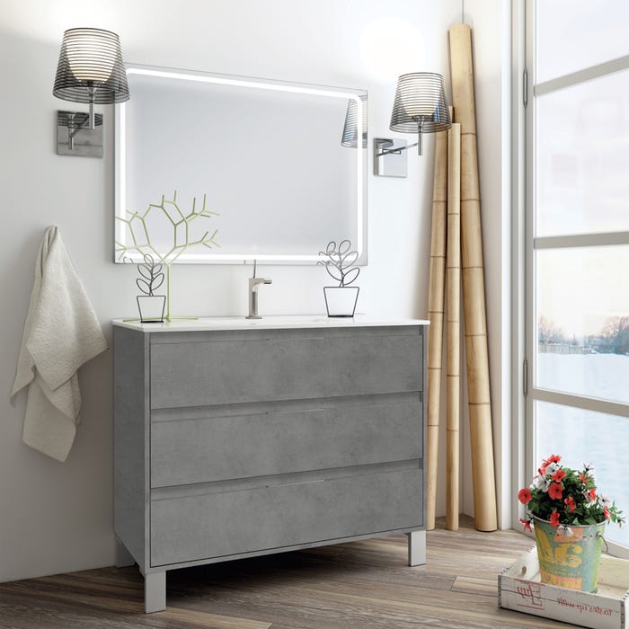 Meuble de salle de bain simple vasque - 3 tiroirs - TIRIS 3C et miroir Led VELDI - ciment (gris) - 100cm
