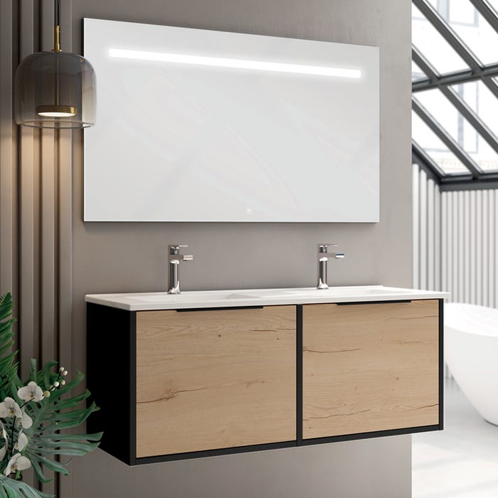 Meuble de salle de bain double vasque - 2 façades et 4 tiroirs - ALBA et miroir Led STAM - noir-Chêne - 120cm