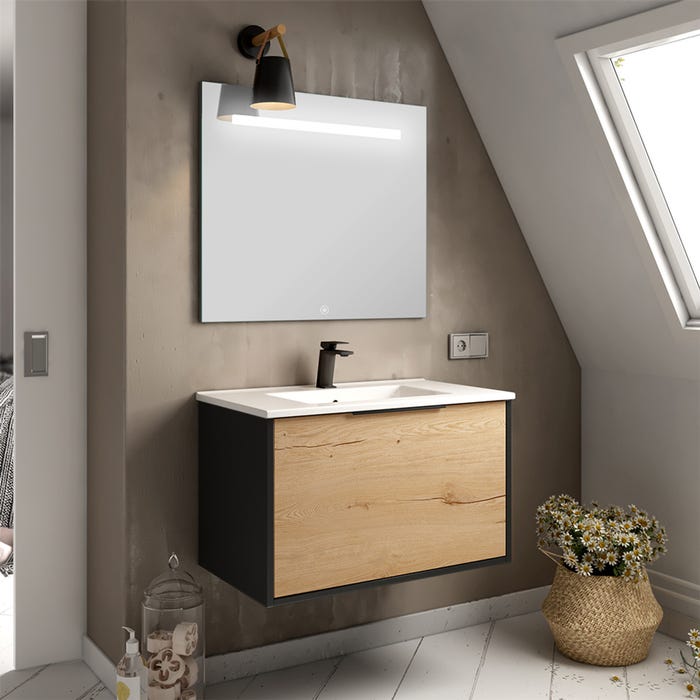 Meuble de salle de bain simple vasque - 1 façade et 2 tiroirs - ALBA et miroir STAM - noir-Chêne - 80cm
