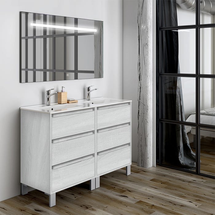 Meuble de salle de bain double vasque - 6 tiroirs - TIRIS 3C et miroir Led STAM - hibernian (bois blanchi) - 120cm