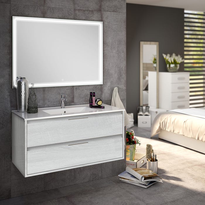 Meuble de salle de bain simple vasque - 2 tiroirs - IRIS et miroir Led VELDI - hibernian (bois blanchi) - 80cm