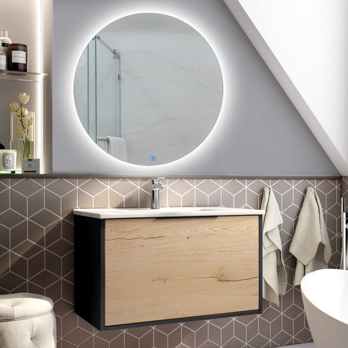 Meuble de salle de bain simple vasque - 1 façade et 2 tiroirs - ALBA et miroir rond SOLEN - noir - 80cm