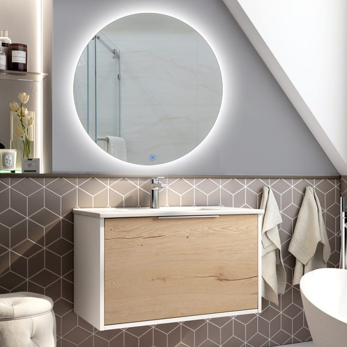 Meuble de salle de bain simple vasque - 1 façade et 2 tiroirs - ALBA et miroir rond SOLEN - blanc - 80cm