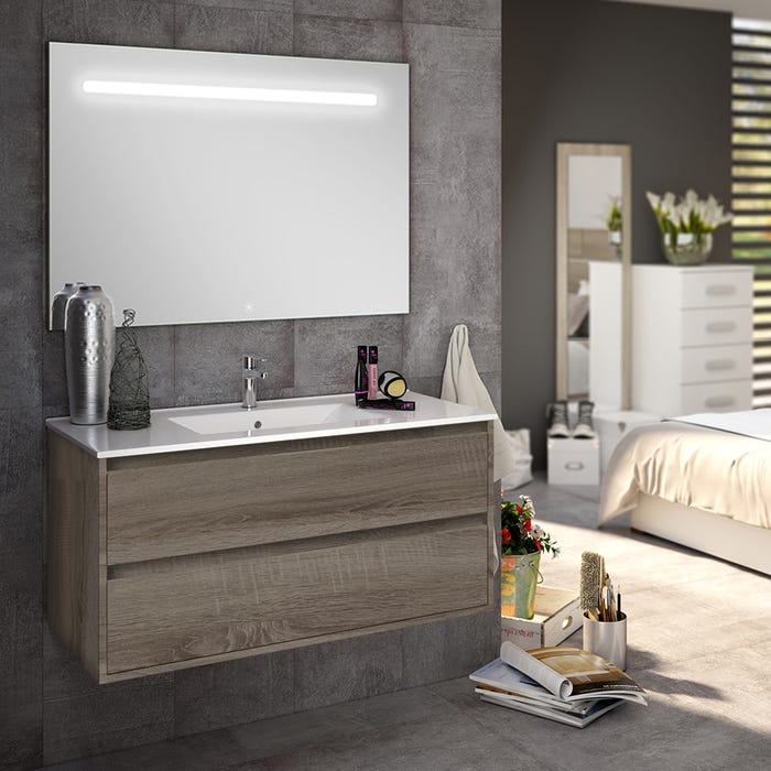 Meuble de salle de bain simple vasque - 2 tiroirs - IRIS et miroir Led STAM - britannia (chêne foncé) - 100cm