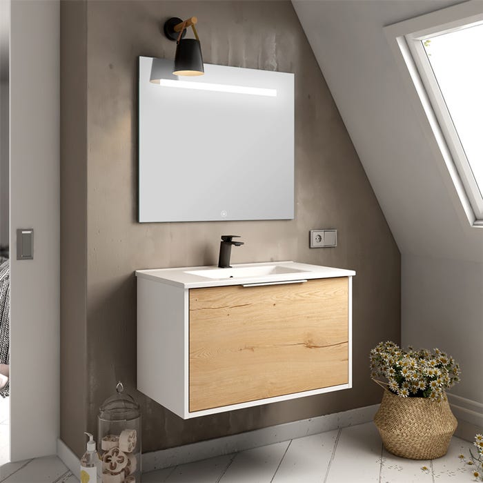 Meuble de salle de bain simple vasque - 1 façade et 2 tiroirs - ALBAet miroir STAM - blanc-Chêne - 80cm