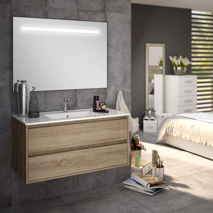 Meuble de salle de bain simple vasque - 2 tiroirs - IRIS et miroir Led STAM - cambrian (chêne) - 100cm