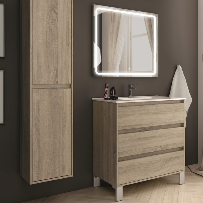 Meuble de salle de bain simple vasque - 3 tiroirs - TIRIS 3C et miroir Led VELDI - cambrian (chêne) - 80cm