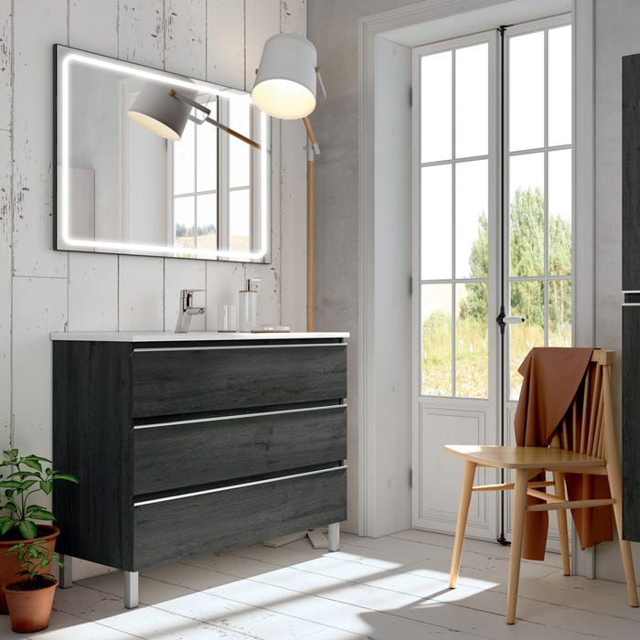 Meuble de salle de bain simple vasque - 3 tiroirs - PALMA et miroir Led VELDI - ebony (bois noir) - 70cm