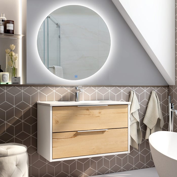 Meuble de salle de bain simple vasque - 2 tiroirs - ALBA et miroir rond SOLEN - blanc -80cm