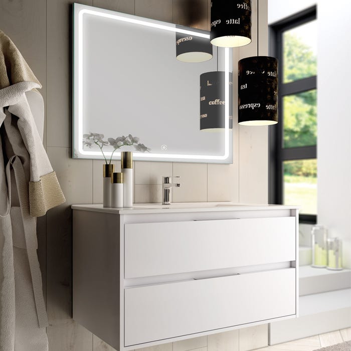 Meuble de salle de bain simple vasque - 2 tiroirs - IRIS et miroir Led VELDI - blanc - 80cm