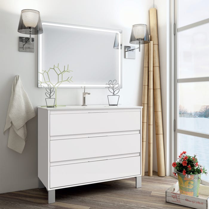Meuble de salle de bain simple vasque - 3 tiroirs - TIRIS 3C et miroir Led STAM - blanc - 80cm