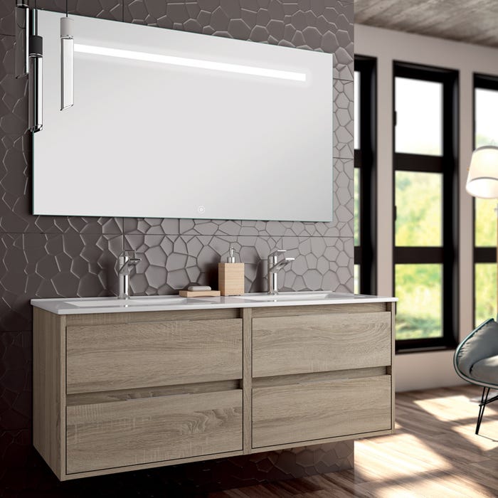 Meuble de salle de bain double vasque - 4 tiroirs - IRIS et miroir Led STAM - cambrian (chêne) - 120cm