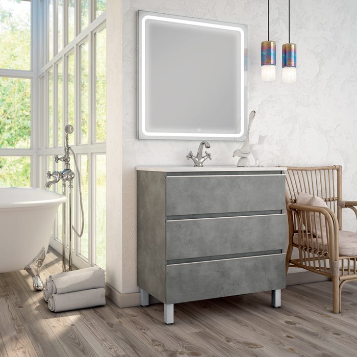 Meuble de salle de bain simple vasque - 3 tiroirs - PALMA et miroir Led VELDI - ciment (gris) - 80cm