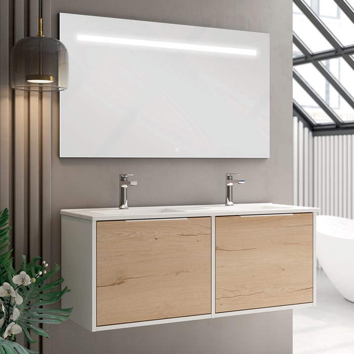 Meuble de salle de bain double vasque - 2 façades et 4 tiroirs - ALBA et miroir Led STAM - blanc-Chêne - 120cm