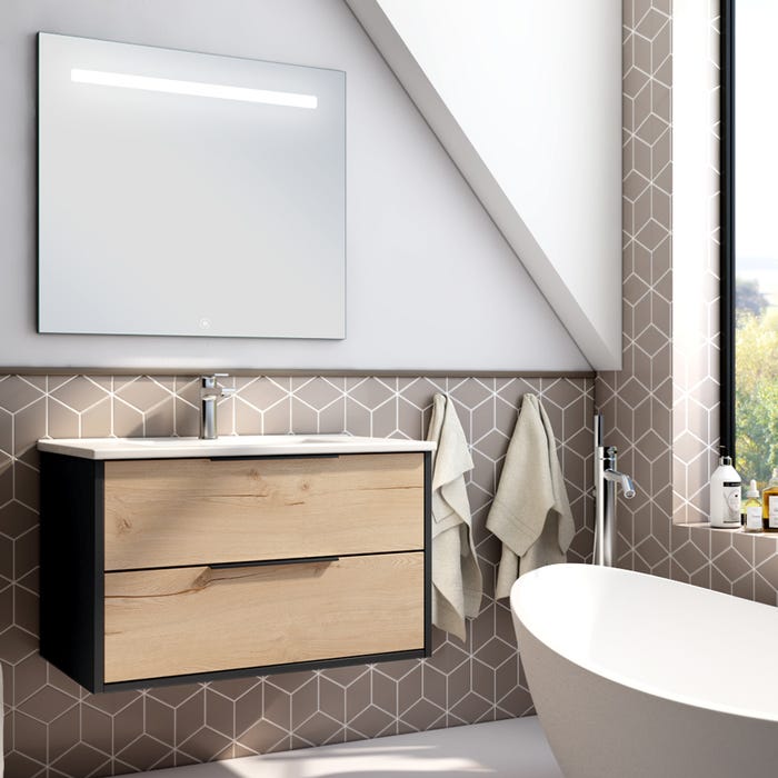 Meuble de salle de bain simple vasque - 2 tiroirs - ALBA et miroir STAM - noir-Chêne - 80cm