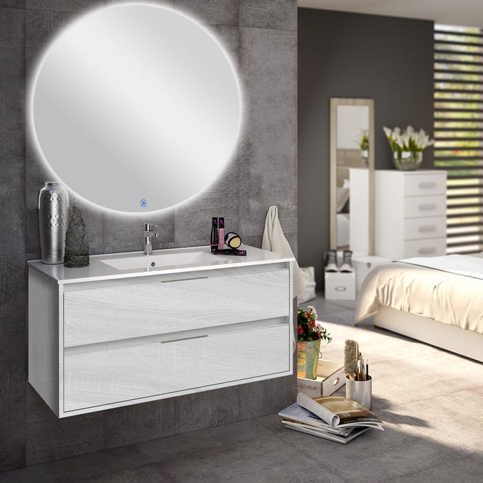 Meuble de salle de bain simple vasque - 2 tiroirs - IRIS et miroir rond Led SOLEN - hibernian (bois blanchi) - 80cm
