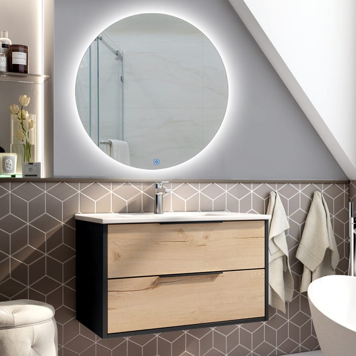 Meuble de salle de bain simple vasque - 2 tiroirs - ALBA et miroir rond SOLEN - noir - 80cm