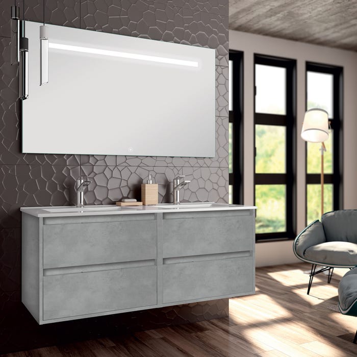 Meuble de salle de bain double vasque - 4 tiroirs - IRIS et miroir Led STAM - ciment (gris) - 120cm