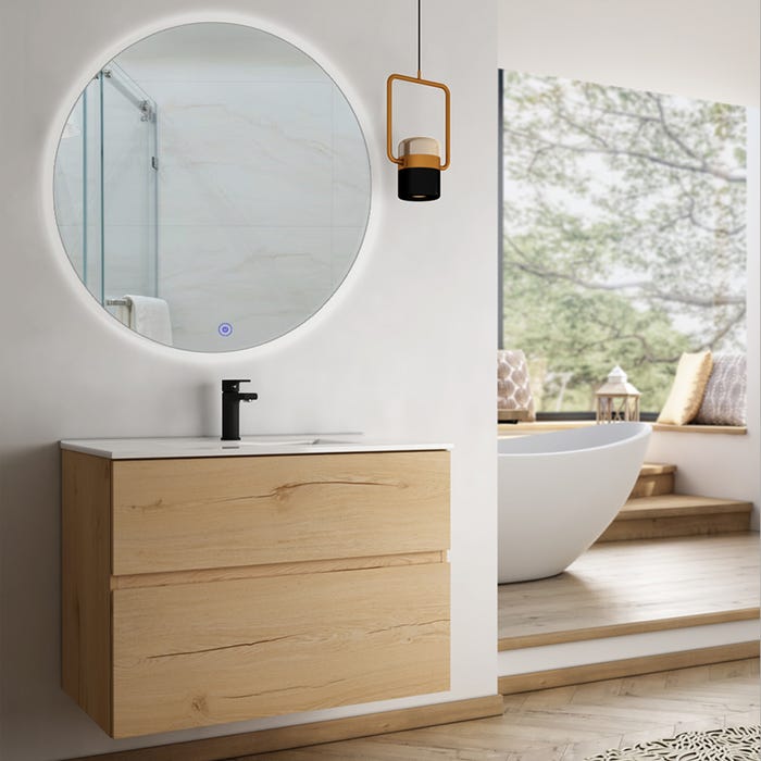 Meuble de salle de bain simple vasque - 2 tiroirs - MIG et miroir rond Led SOLEN - roble (chêne clair) - 70cm