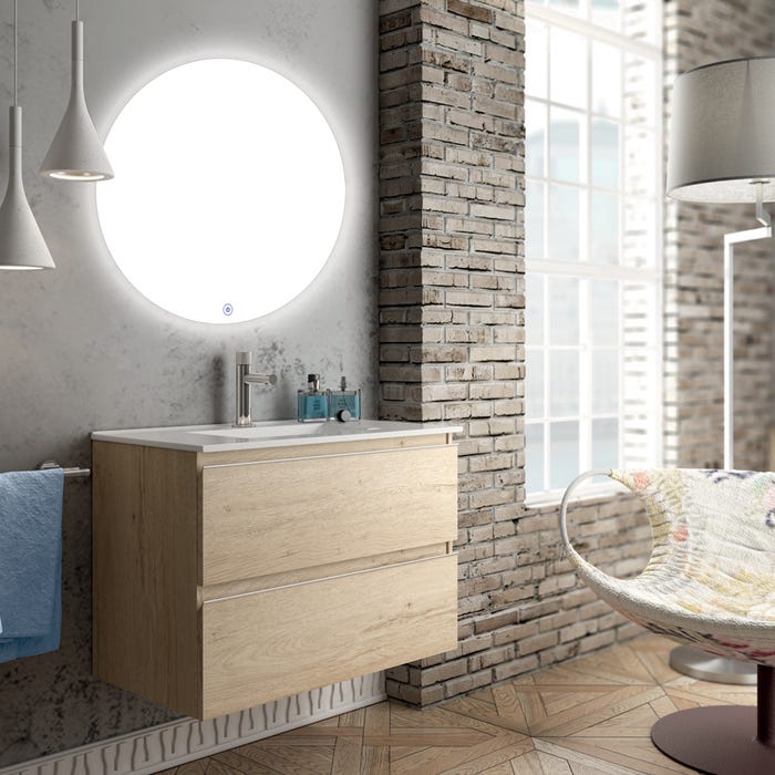 Meuble de salle de bain simple vasque - 2 tiroirs - BALEA et miroir rond Led SOLEN - bambou (chêne clair) - 80cm