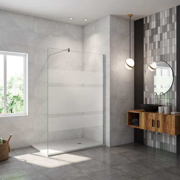 Paroi de douche à l'italienne 100x190cm en 6mm verre avec bandes horizontales sérigraphiées, livré avec barre de fixation 900cm en carré