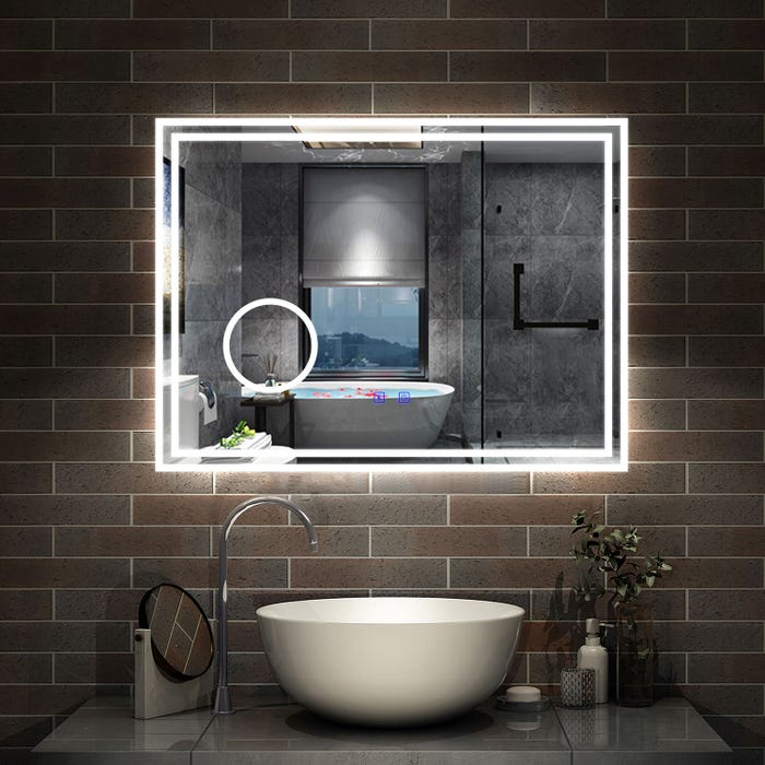 AICA LED miroir 80x60cm bluetooth + miroir grossissant + tricolore + tactile + anti-buée, suspendu horizontalement ,miroir salle de bain