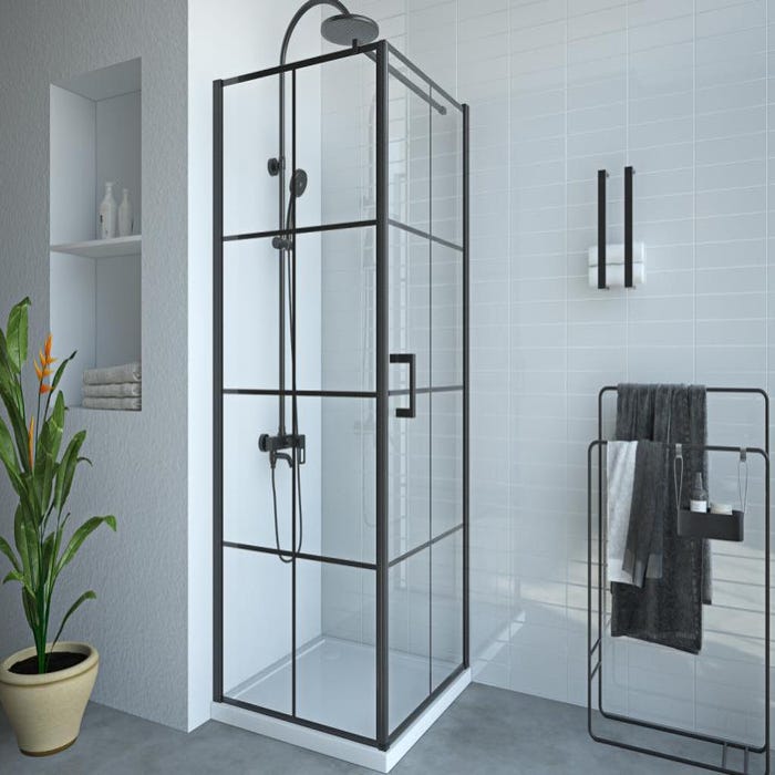 Paroi de douche fixe avec porte pivotante serigraphiée noir mat - 80 x 80 x 190 cm - CAPARICA