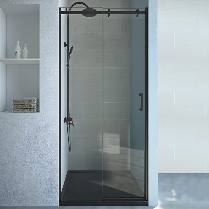 Porte de douche coulissante avec roues noir mat style industriel - 120 x 195 cm - ANAKAO