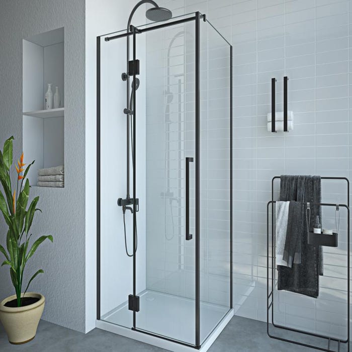 Paroi de douche fixe avec porte pivotante noir mat style industriel - 80 x 100 x 190 cm - PRINCETON