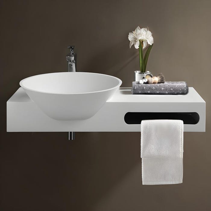 Plan vasque suspendu en solid surface avec porte serviettes - Blanc - L100 x l54 x H20 cm - YUMIKO