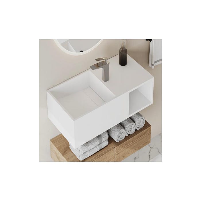 Plan vasque suspendu en solid surface avec niche - Blanc - L80 x l40 x H20 cm - GOYOKO