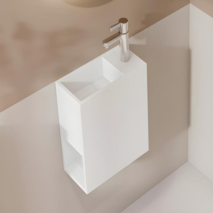 Lave main suspendu blanc en solid surface avec niche - Robinetterie à droite - 40 cm - PUMORI