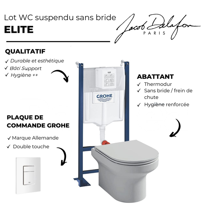 Pack WC suspendu + abattant + Bâti support + Even Plaque de commande WC carré blanc