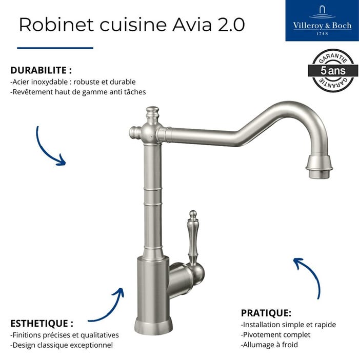 Robinet cuisine VILLEROY ET BOCH Avia 2.0 Anthracite + nettoyant