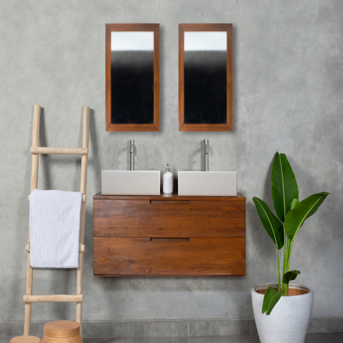 Meuble de salle de bain suspendu en teck foncé avec double vasque et miroirs - 2 tiroirs - 115 cm - BIMBING