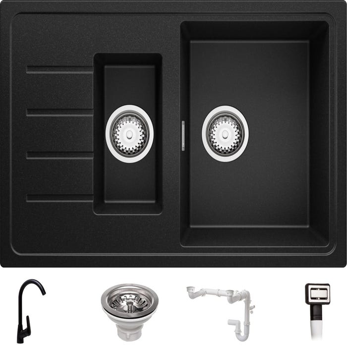 Evier Cuisine en Granit Noir, 78 x 50 cm, Lavabo 1,5 bac + Robinet 5700 + Kit de Vidage, Évier à Encastrer de Primagran