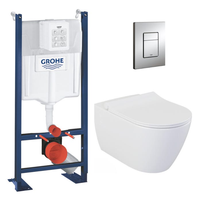 Grohe Pack WC Bâti-autoportant Rapid SL + WC sans bride Bello + Abattant softclose + Plaque chrome (ProjectBello-1)