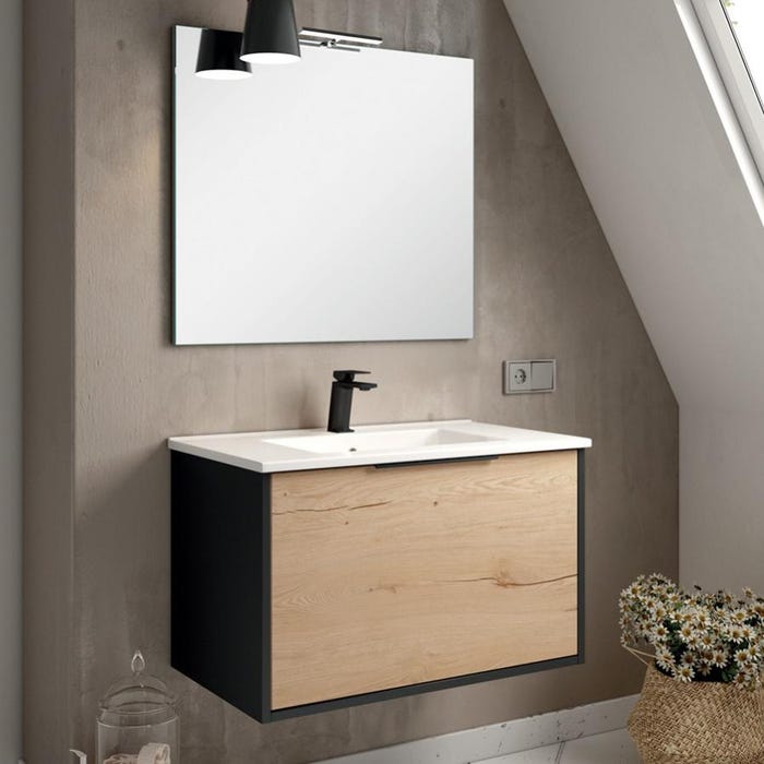 Meuble de salle de bain 80cm simple vasque - 1 façade et 2 tiroirs - ALBA - noir/roble