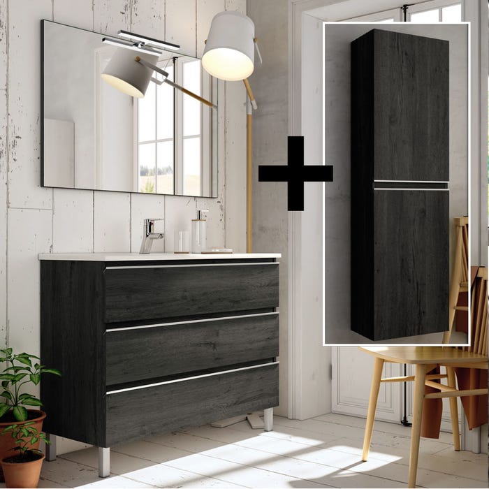 Ensemble meuble de salle de bain 70cm simple vasque + colonne de rangement PALMA - ebony (bois noir)
