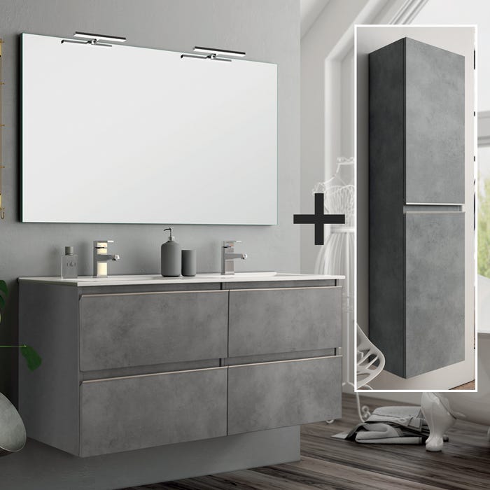 Ensemble meuble de salle de bain 120cm double vasque + colonne de rangement - BALEA - ciment (gris)