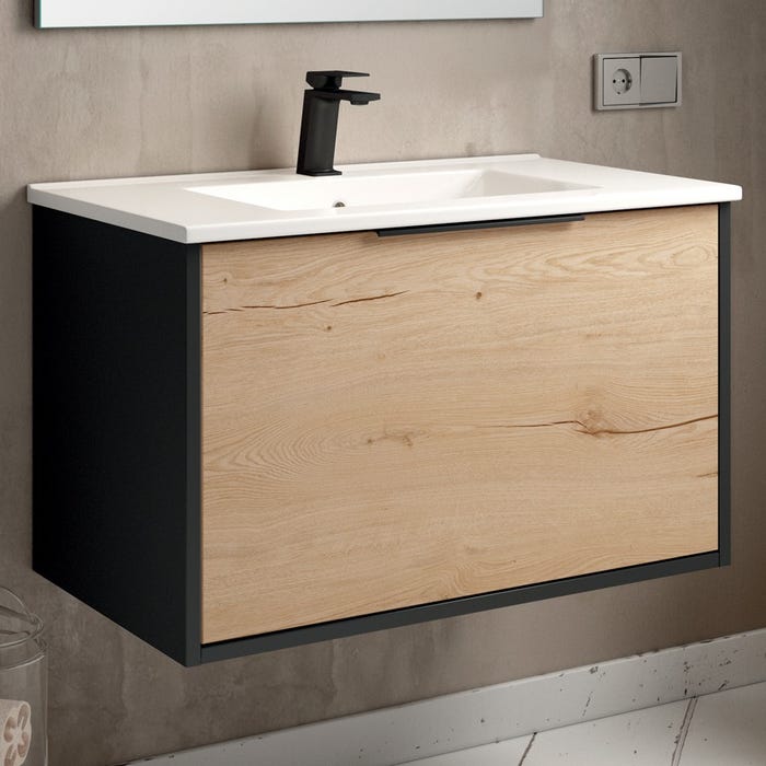 Meuble de salle de bain 80cm simple vasque - 1 façade et 2 tiroirs - sans miroir - ALBA - noir/roble