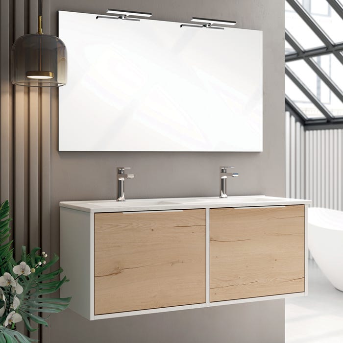 Meuble de salle de bain 120cm double vasque - 2 façades et 4 tiroirs - ALBA - blanc/roble