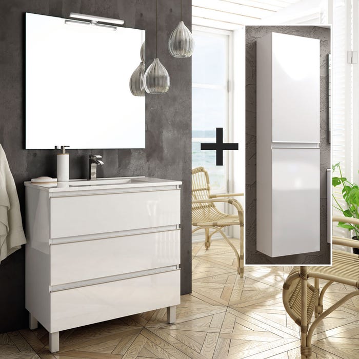 Ensemble meuble de salle de bain 70cm simple vasque + colonne de rangement PALMA - blanc