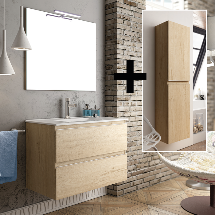 Ensemble meuble de salle de bain 70cm simple vasque + colonne de rangement - BALEA - bambou (chêne clair)
